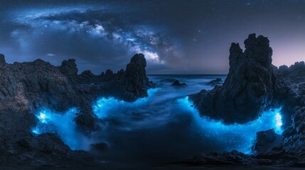 Bioluminescent ocean waves crashing on volcanic rocks at night under the Milky Way; travel poster