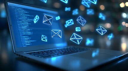 Laptop with Code and Floating Email Icons, A laptop displaying code with floating email icons, symbolizing digital communication and technology