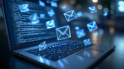 Laptop with Code and Floating Email Icons, A laptop displaying code with floating email icons, symbolizing digital communication and technology