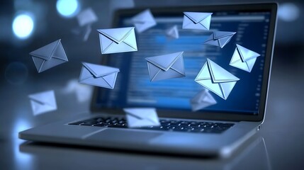 Laptop with Code and Floating Email Icons, A laptop displaying code with floating email icons, symbolizing digital communication and technology