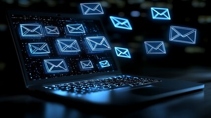 Laptop with Code and Floating Email Icons, A laptop displaying code with floating email icons, symbolizing digital communication and technology