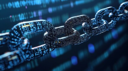 A conceptual image of a blockchain security chain with encoded links over a backdrop of streaming digital code