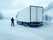 © forwforw - A truck driver stands next to a large white truck, observing the heavy snow covering the road. The mountainous landscape is shrouded in fog, indicating challenging weather conditions.
