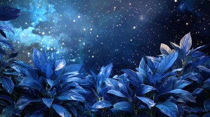 Lush blue leaves create an enchanting foreground as a beautiful night sky sparkles with bright stars and ethereal clouds. The cosmic backdrop enhances the serene beauty of nature