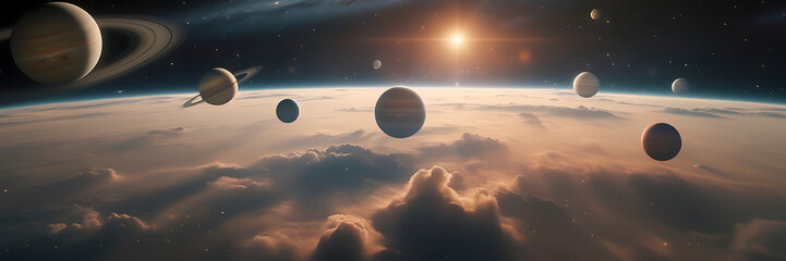 Image of planets in outer space against the background of stars and nebulae. Deep Space Travel. Illustration