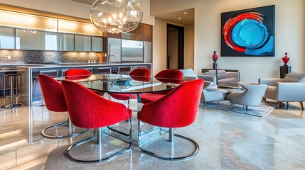 Wall Mural - modern dining room with bold red chairs and art