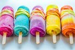 © whitestorm - A vibrant row of homemade rainbow popsicles lined up, showcasing a refreshing mix of colorful fruit flavors, perfect for a hot summer day on a bright white surface.
