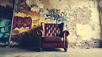 Wall Mural - urban living room with graffiti and leather armchair