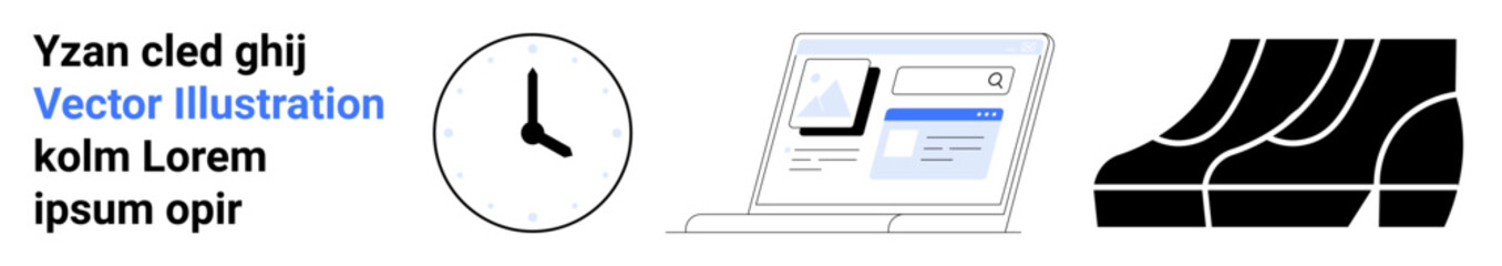 Modern webpage on a laptop screen, clock icon showing time, and escalator steps. Ideal for time management, technology, transport, business, productivity, web development flat landing page banner