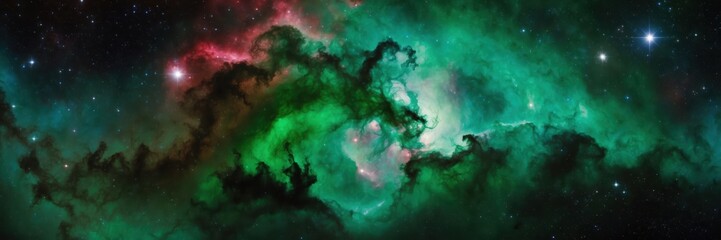 Wall Mural - ethereal green nebula panorama. cosmic clouds and distant stars.