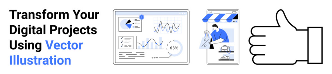 Graphical interface with dashboards, data analytics, e-commerce shop, and thumbs-up icon. Ideal for analysis, marketing, business, creativity, data online store visuals flat landing page banner