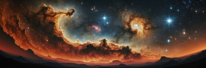 Wall Mural - ethereal nebula landscape with distant stars and mountain view panorama