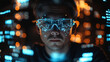 © FishForty - business professional wearing futuristic glasses interacts with holographic interface, showcasing advanced technology and innovation