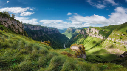 Wall Mural - Breathtaking Mountain Valley Landscape with Lush Green Slopes and Dramatic Rock Formations Under a Partly Cloudy Sky

