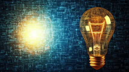 Wall Mural - high-tech light bulb with digital background