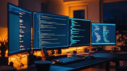office where an IT developer is coding software, updating program versions, and reviewing firmware changes, displayed on several large monitors.
