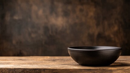 Aufkleber - Close-up of a black ceramic bowl on a wooden shelf, displayed against a soft dark background, emphasizing simplicity and elegance in design