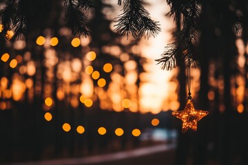 Poster - A golden star ornament hangs elegantly from a pine tree branch, with warm bokeh lights glowing softly in the background, evoking a festive atmosphere