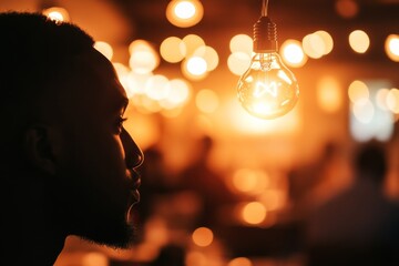 Aufkleber - A close-up profile of a human head with a glowing light bulb symbolizing inspiration and creativity in a modern, minimalist style against a blurred background