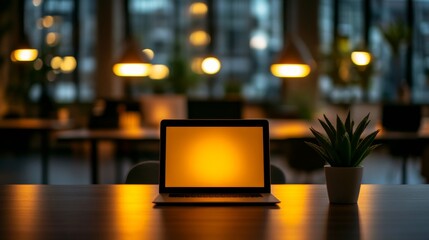 Fototapete - Modern laptop emits warm light on a dark wood desk, complemented by potted succulents, creating a minimalist workspace with plenty of copy space