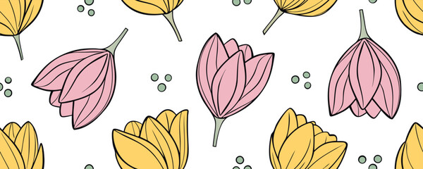 Fototapete - Cute tulips. Spring flowers seamless pattern. Springtime theme floral print graphic. Black outline. Vector illustration.