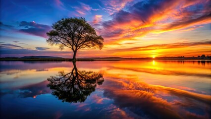 Wall Mural - Dramatic sunset silhouettes a tree reflected in dark, peaceful lake waters.