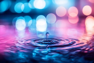 Fototapete - A close-up shot captures a water drop reflecting colorful neon lights, creating an artisan feel with soft bokeh in the background and ample copy space