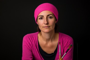 Aufkleber - A woman wearing a pink knit hat and sweater prepares to paint while holding a paintbrush, showing a focused expression that conveys artistic intention and creativity