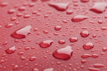 Poster - Water droplets glisten on a sleek surface, capturing surrounding colors and light. This close-up creation evokes freshness, with ample space for text on the right
