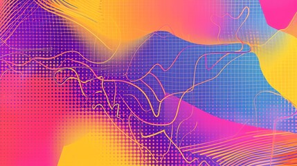Wall Mural - abstract digital art with a grid, lines, and gradient colors.
