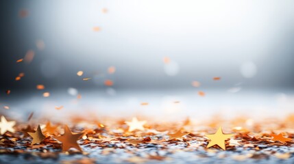 Aufkleber - Golden star-shaped confetti sparkles on a white background, creating a shimmering effect and leaving room for text or design elements