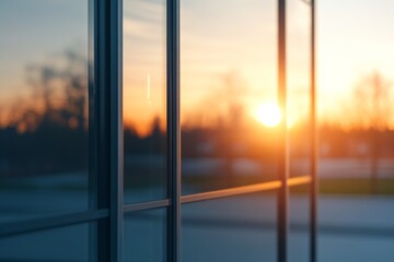 Leinwandbilder - Detail of a sleek glass facade showcasing reflective surfaces during sunset, with sunlight highlighting the architectural lines and providing a tranquil backdrop