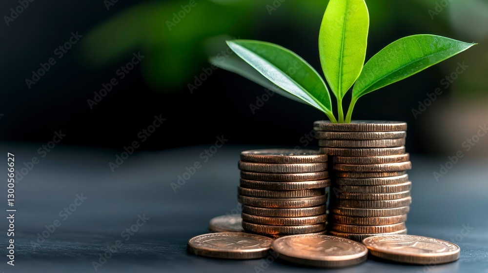 Financial Growth Represented by Coin Stacks and a Young Plant Symbolizing Investment and Prosperity