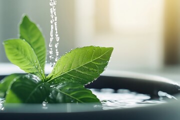Aufkleber - A vibrant green plant leaf adorned with sparkling water droplets, captured mid-splash in soft natural light, evoking a fresh and lively atmosphere