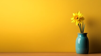 Leinwandbilder - A single bright yellow daffodil is beautifully displayed in a deep blue vase on a wooden surface, bathed in soft, warm natural light against a pastel yellow backdrop