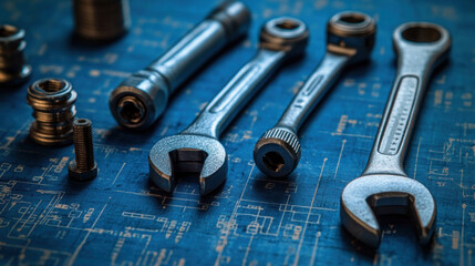 Engineering workspace background with high-resolution mechanical blueprints, steel wrenches, and precision measuring instruments arranged neatly