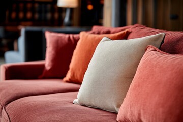 Poster - Soft-toned fabric sofa adorned with textured terra cotta and cream pillows invites relaxation in an elegant French country-style living room