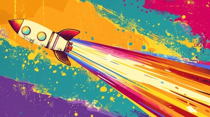 Wall Mural - A colorful illustration of a rocket ship launching.