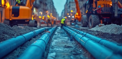 Blue Pipes in City Street Construction