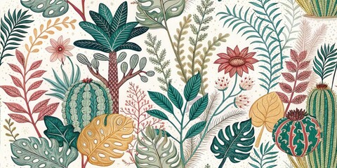  Whimsical Plant Design Seamless Texture: Bokeh Background, Floral Pattern, Botanical Illustration