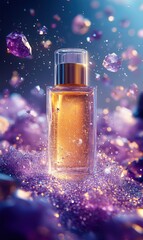Poster - Flying liquid foundation glimmers through a luminous crystal landscape, showcasing the beauty of commercial cosmetics photography in a surreal space