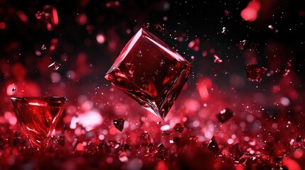 Leinwandbilder - Fragments of crimson brilliance suspended in the air create a mesmerizing dance of light amidst shadows in an ethereal setting