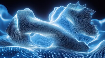 Poster - Exploration of a Twisted Abstract Entity within a Blue Digital Matrix Illuminated by Soft Glow