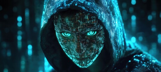 Poster - Mysterious figure cloaked in digital light explores an abstract cyber world filled with intricate patterns and glowing motifs