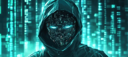 Leinwandbilder - Mysterious figure in a cybernetic landscape illuminated by digital codes and glowing patterns