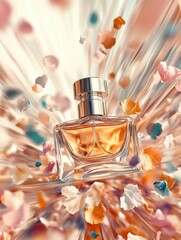 Poster - Suspended elegance in motion with a captivating perfume bottle surrounded by swirling abstract floral colors