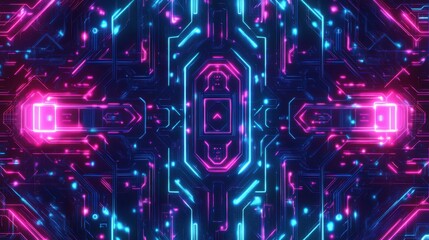 Leinwandbilder - Cybernetic tapestry exemplifying seamless patterns with vibrant neon circuits, radiating electric energy and futuristic allure in a geometric formation