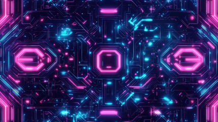 Leinwandbilder - Intricate cyberpunk pattern featuring neon circuits and glowing wires, ideal for futuristic designs and digital aesthetics in electric shades of blue, purple, and pink