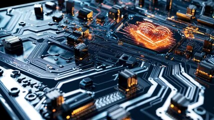Wall Mural - circuit pathways form neon-lit heart design. electronic motherboard components pulse with orange ill