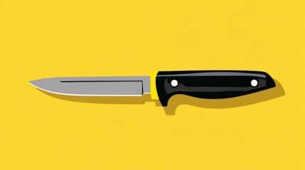 Sharp kitchen knife with black handle on yellow background